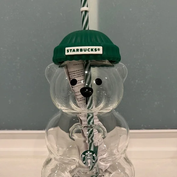 Starbucks Bearista Tumbler. Glass Bear Cup with Green Lid and Straw. - Picture 1 of 2